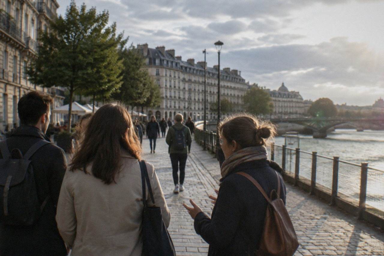 Visitors chatting with a local guide on a pedestrian street in central Nantes