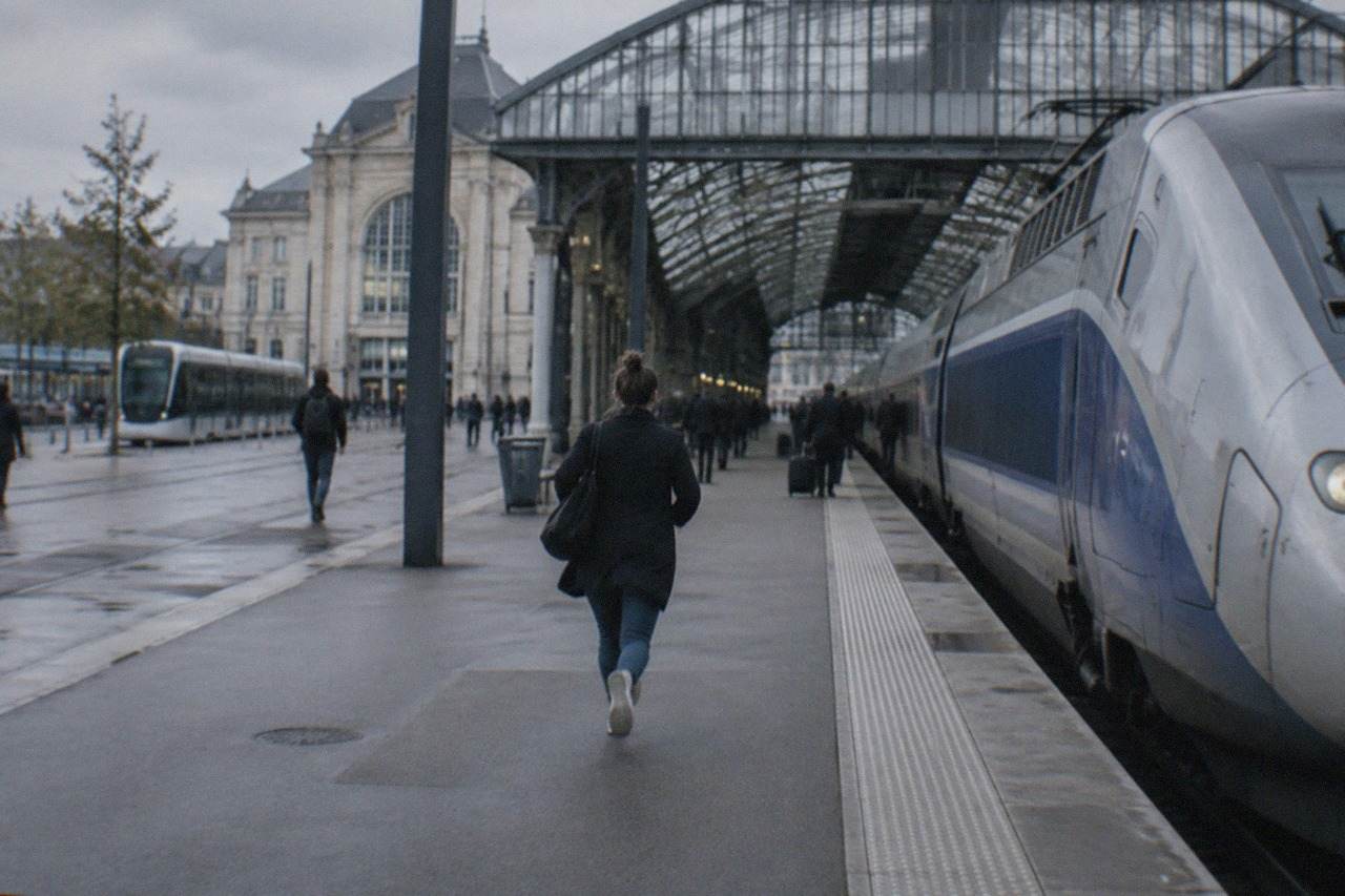 A high speed TGV train standing at a platform in a French railway station