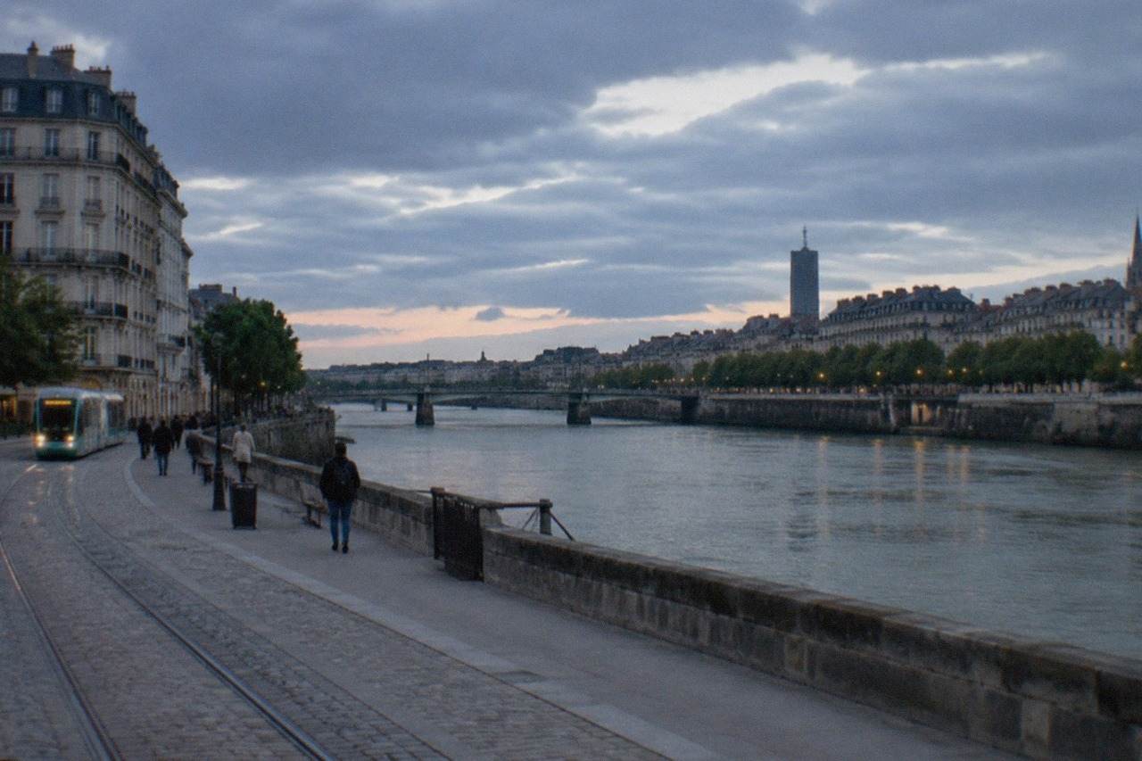 The wide Loire river flowing through Nantes, with riverside quays and city rooftops under a partly cloudy sky