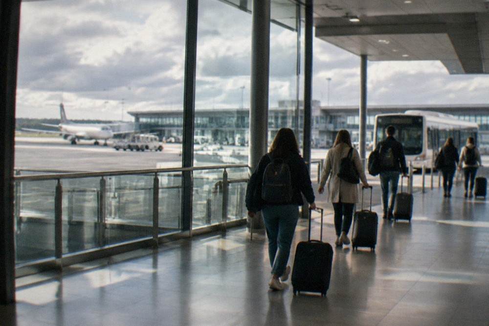 Travellers with cabin bags walking through the arrivals hall at a small regional French airport towards the shuttle stop