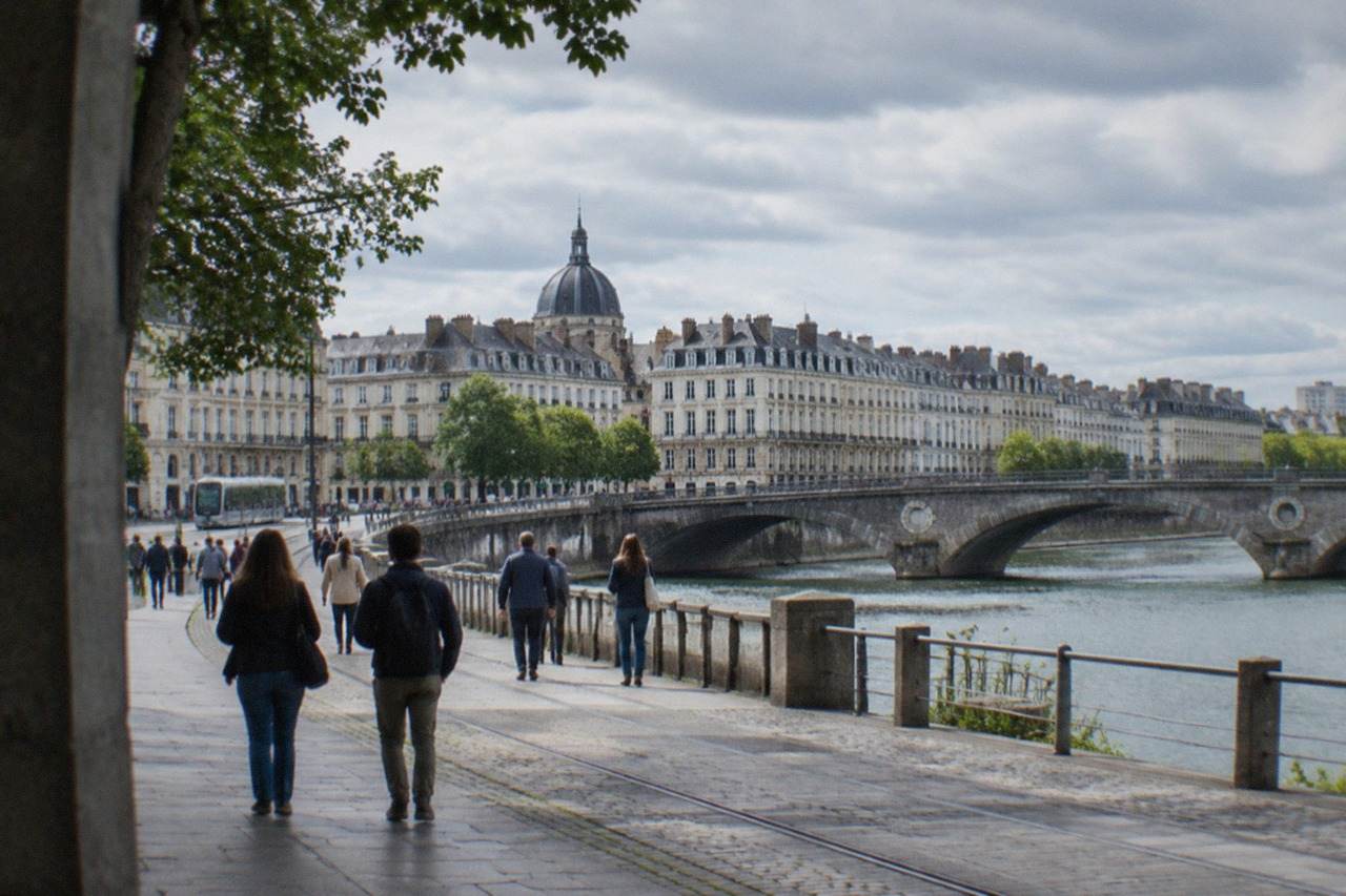 Visitors walking along a riverside quay in central Nantes with historic stone buildings and a bridge over the water