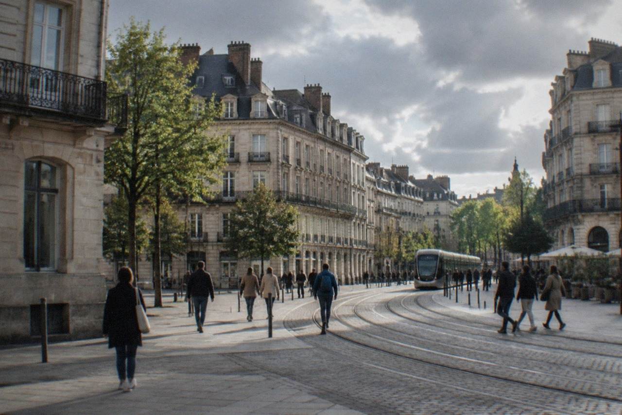 Pedestrians crossing a plaza in central Nantes with tram tracks and historic stone buildings on either side