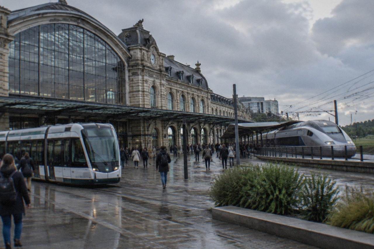 A high speed train waiting at a station platform beside open French countryside