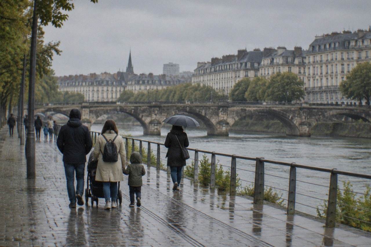Families walking along a riverside quay in Nantes with the Loire and a stone bridge behind them