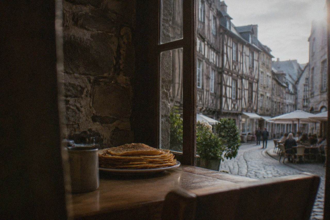 A rustic crêperie interior with wooden tables, a stone wall and a stack of golden crêpes on a plate near a window