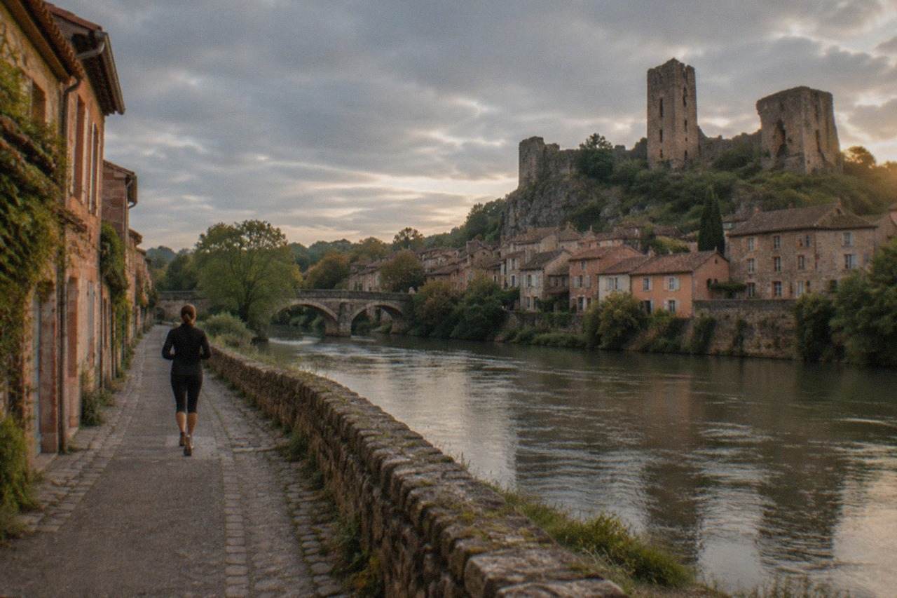Red stone houses with tiled roofs along a quiet lane in Clisson, seen from the Sèvre riverbank
