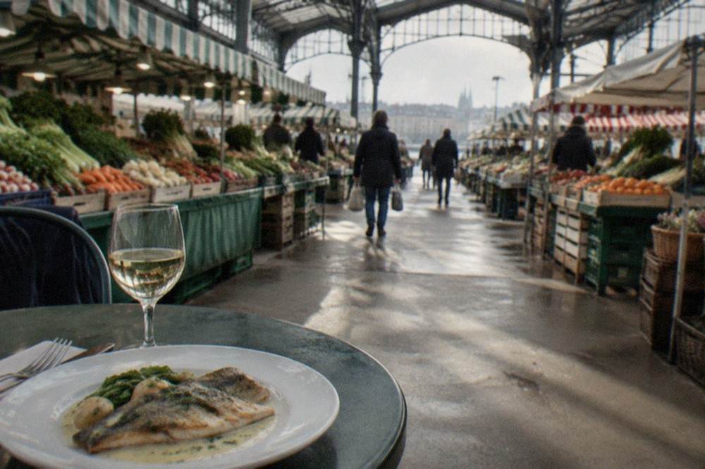 A plate of pan-fried river fish with pale beurre blanc sauce and a glass of white wine on a bistro table