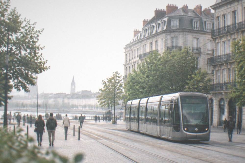 A tram passing through the pedestrianised streets near the old town of Nantes