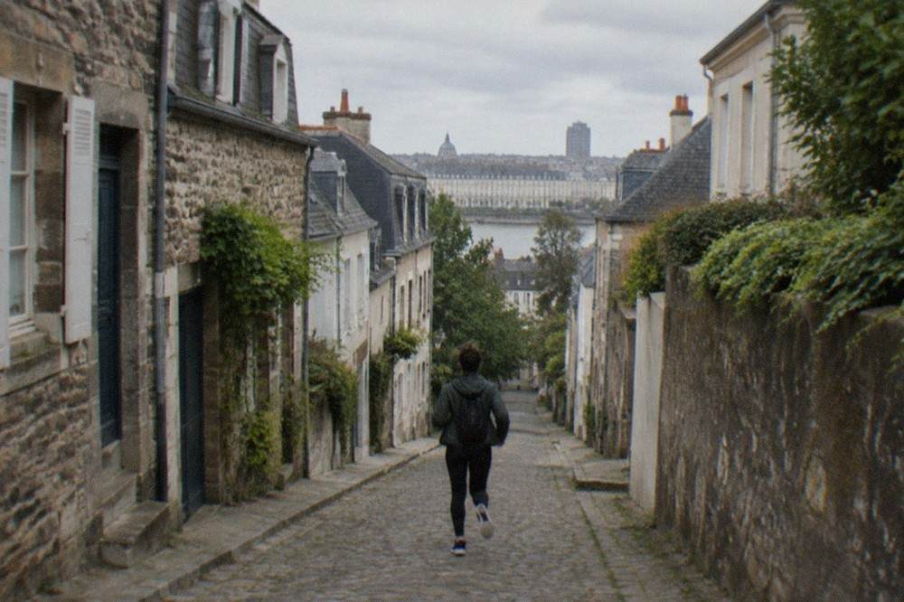 A steep narrow street of small stone houses climbing a hill in a Nantes residential quarter