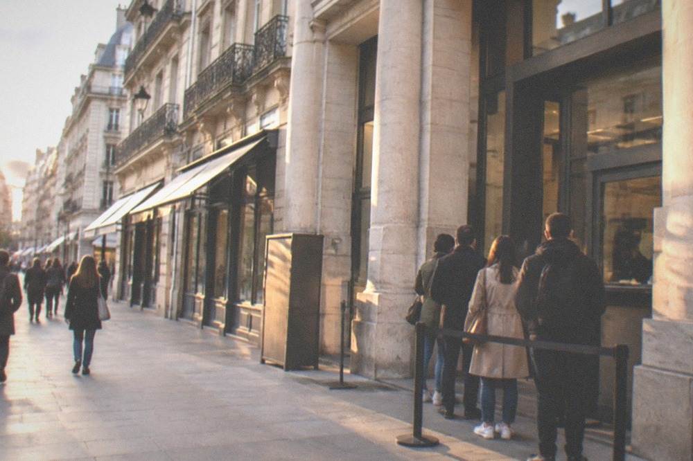 A ticket counter and museum entrance in a French city with visitors consulting a map