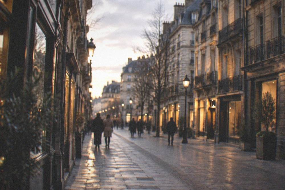A shop-lined pedestrian street in Nantes at dusk with warm light on stone facades