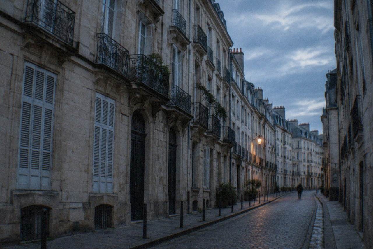 Old stone townhouses with tall shuttered windows lining a narrow street in the Ile Feydeau quarter of Nantes