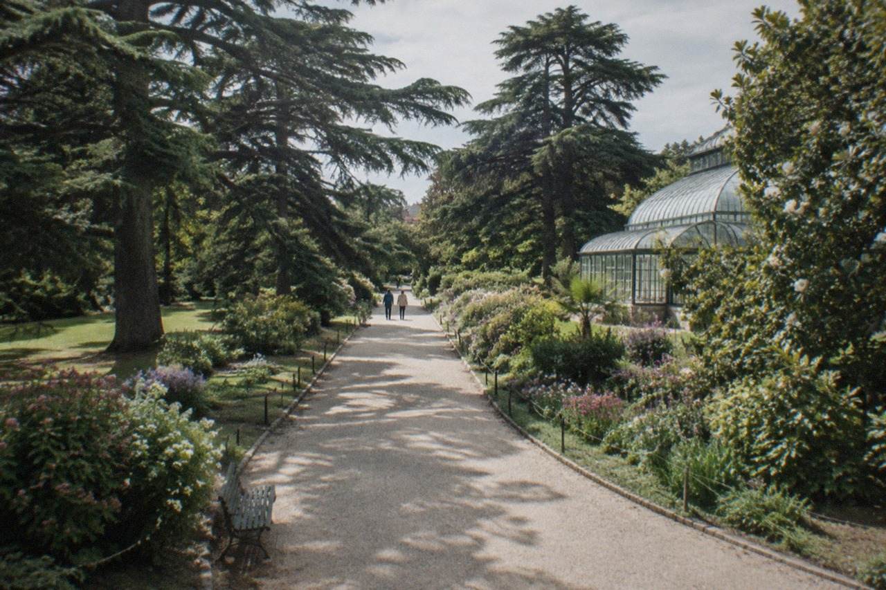 Tree-lined gravel path through the Jardin des Plantes in Nantes with flowerbeds and mature trees on either side