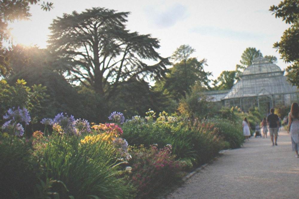 Flowerbeds in full summer bloom along a path in the Jardin des Plantes with visitors strolling in Nantes