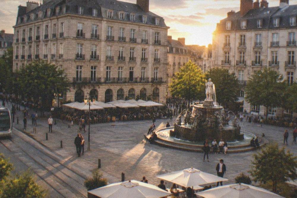 Fountain square with cafes and 18th-century facades in central Nantes at golden hour