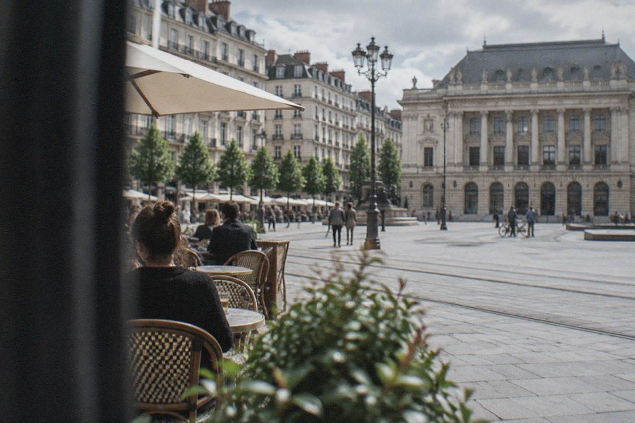 A lit brasserie frontage on an elegant city square in Nantes, with the opera house facade across the way