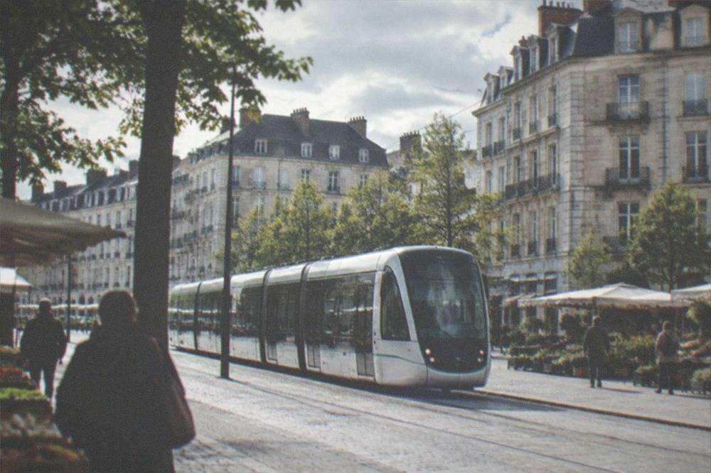 A Nantes tram passing street stalls and terraced buildings near the market quarter