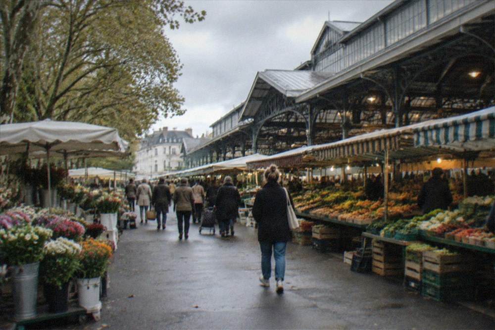 Flower barrows and shoppers under plane trees at the edge of the market square