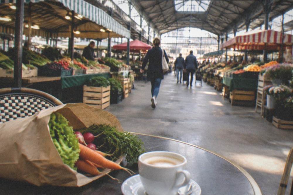 A paper bag of fresh produce beside a cup of coffee on a market café table