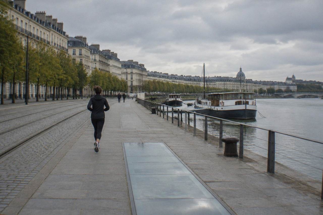 A long riverside quay in Nantes with the glass memorial panel embedded in the paving and moored boats on the Loire behind it