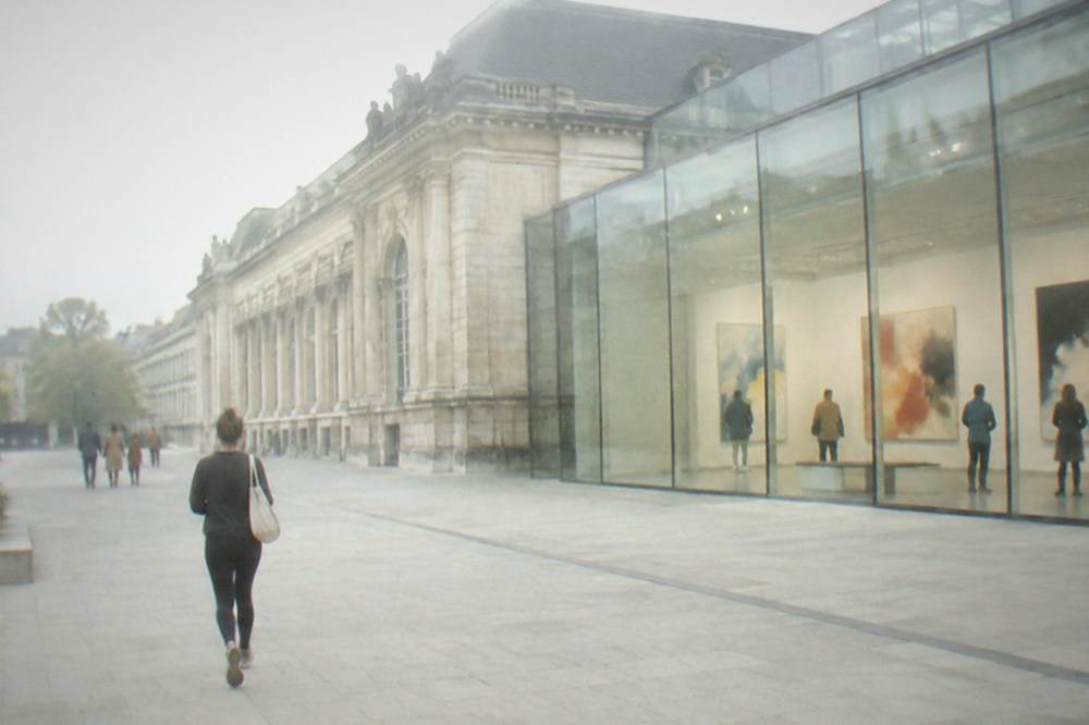 Visitors viewing large abstract canvases in a bright contemporary art gallery