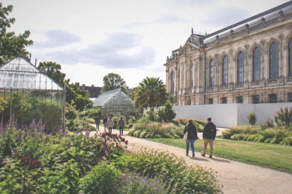 People strolling among greenhouses and flowerbeds in a large botanical garden