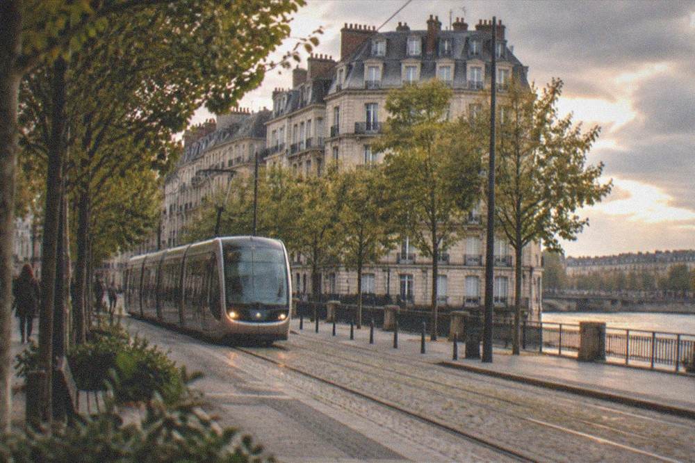 A modern tram gliding along a tree-lined street in central Nantes