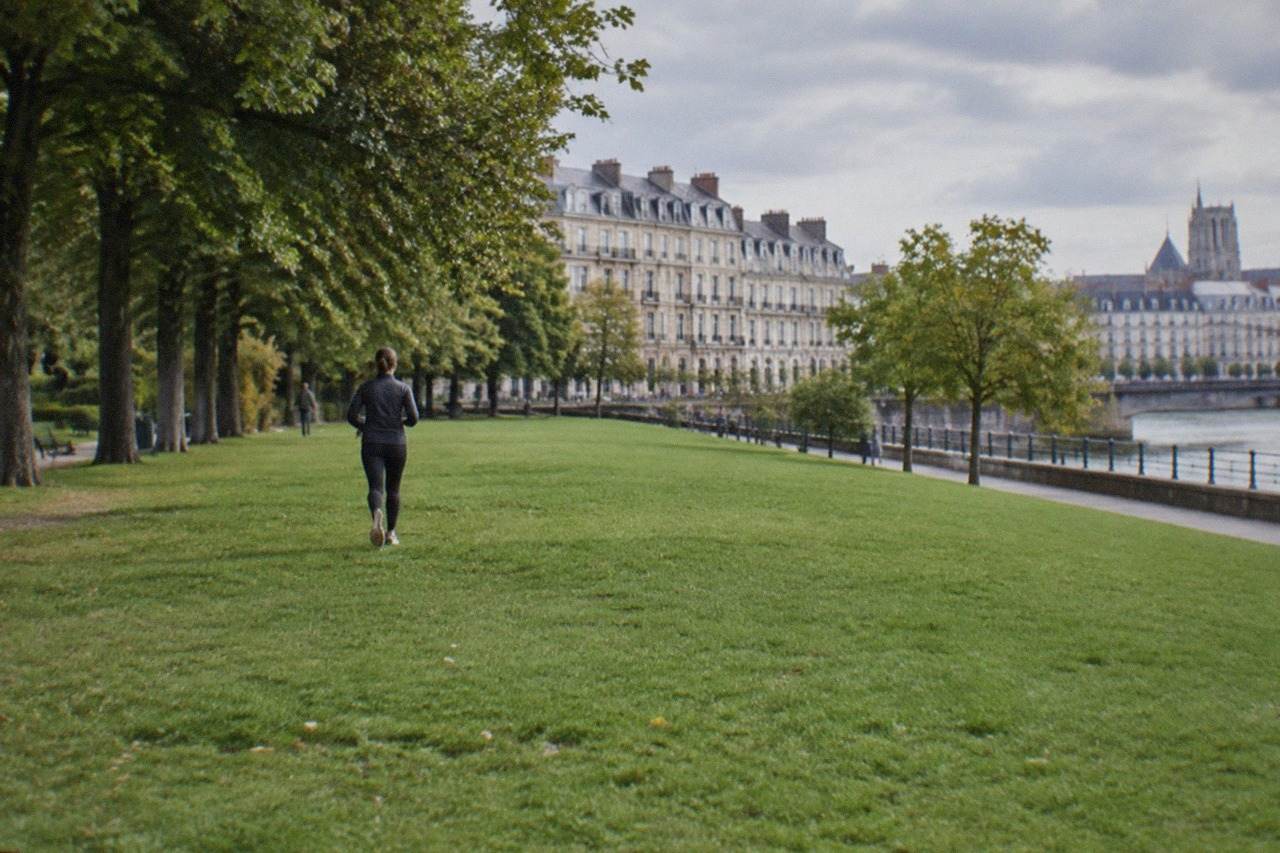 A wide green lawn bordered by mature trees in a public park in Nantes