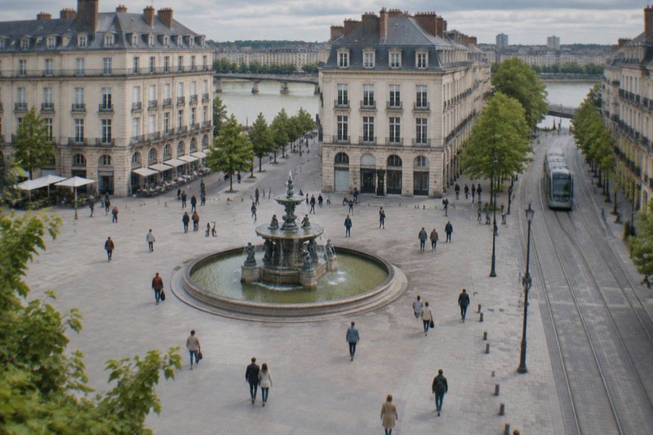 A classical square in central Nantes with a fountain, uniform stone facades and people crossing the open plaza