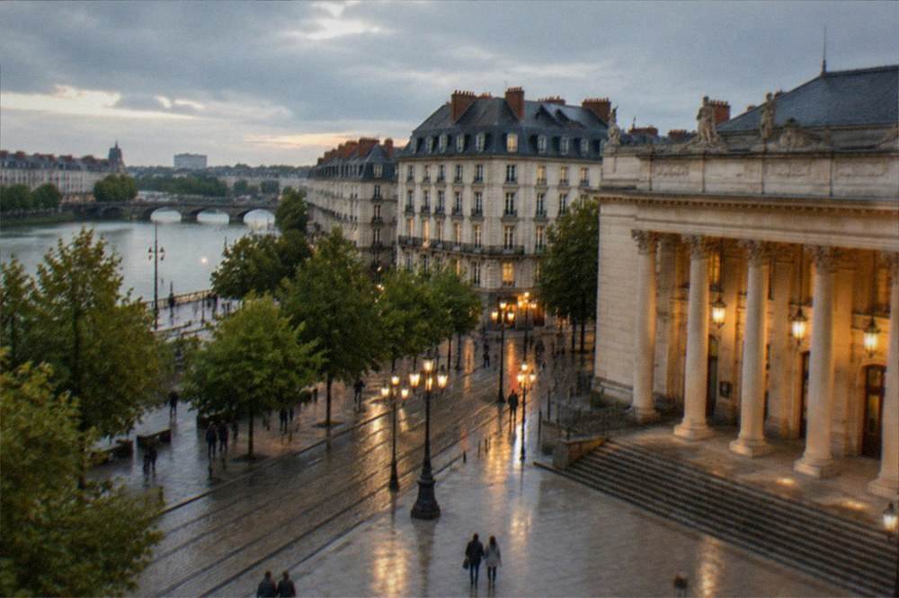 An opera house facade with columns and lanterns illuminated at dusk on a theatre square in Nantes