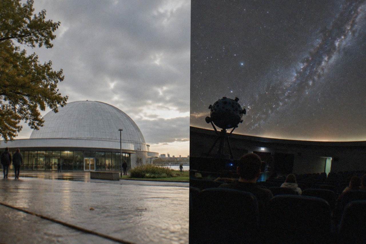 A domed planetarium hall with a star projector casting a night sky across the curved ceiling above rows of seats