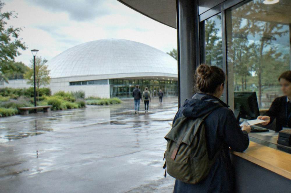 A ticket desk at a planetarium entrance with a staff member handing a printed ticket to a visitor