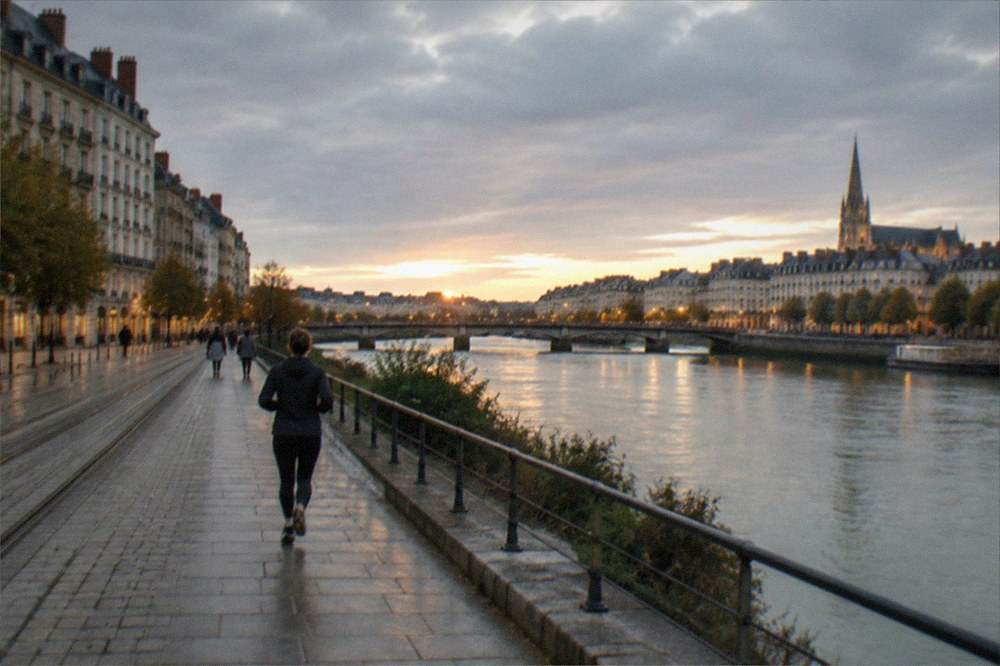 A wide view of Nantes city centre at dusk with lit buildings, a river and a cathedral spire on the skyline
