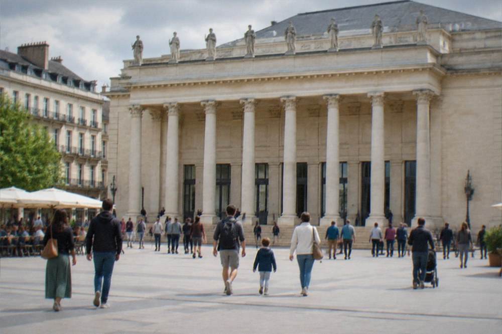 Families and visitors crossing Place Graslin with the Theatre Graslin facade behind