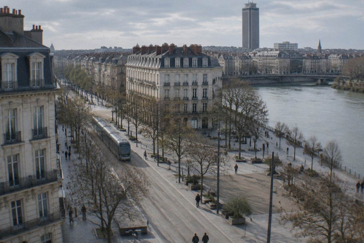A tall concrete office tower rising above low rooftops in central Nantes on a bright day