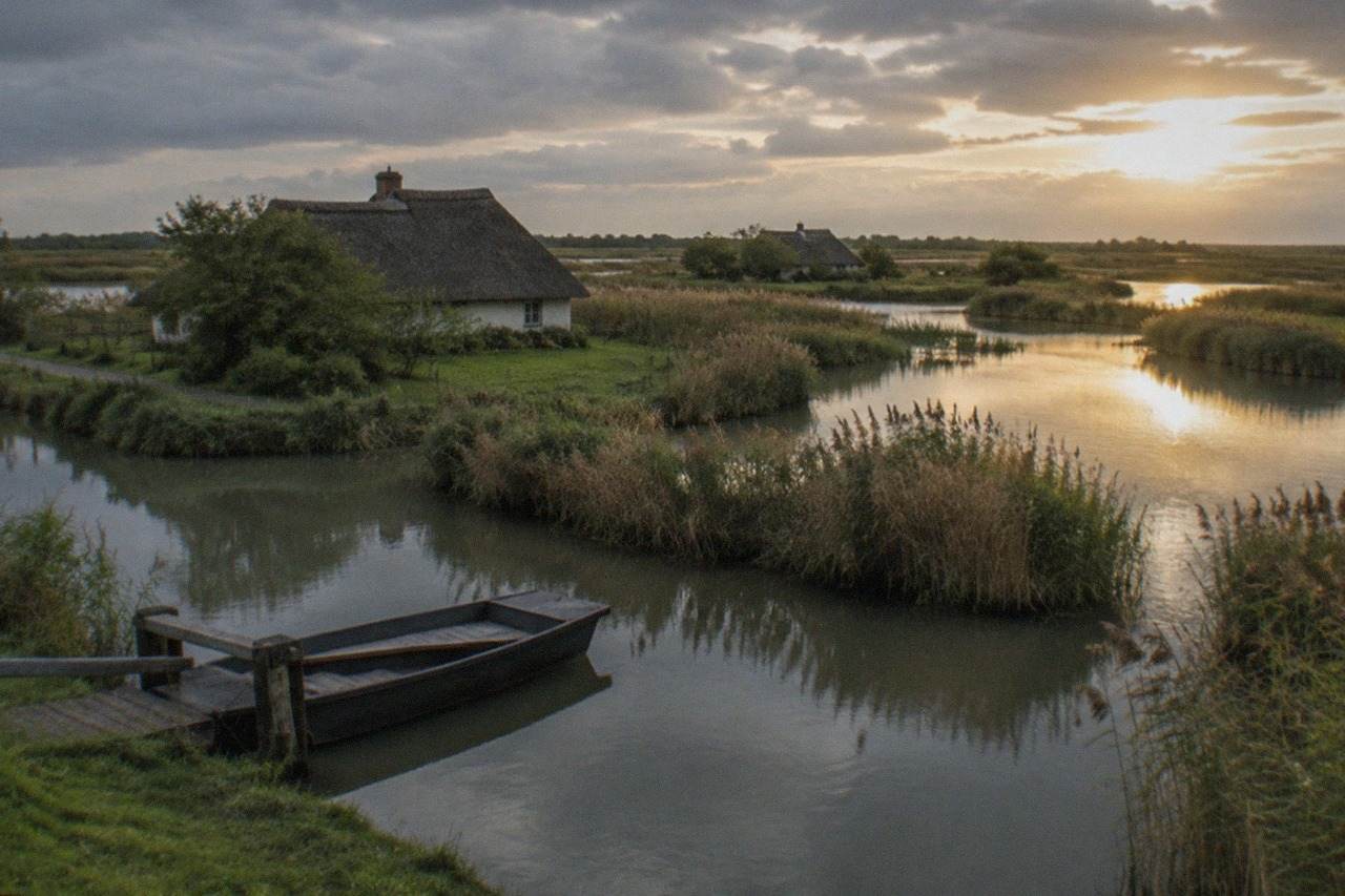 Wide view of reed beds and still water in the Briere marshes at golden hour