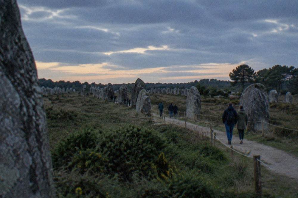 Visitors walking a marked path between weathered grey standing stones in a broad field