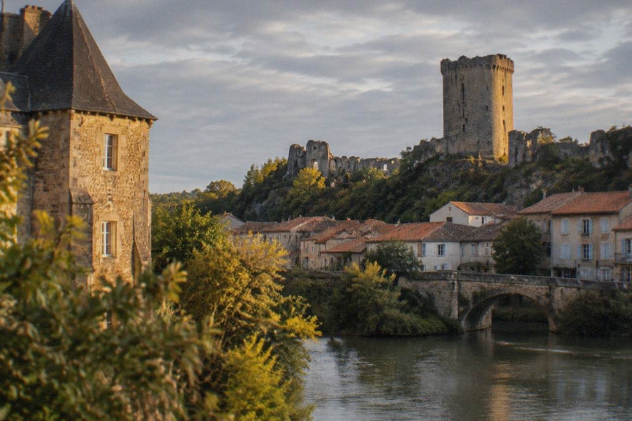 A stone château tower rising above red-tiled rooftops in a small French town