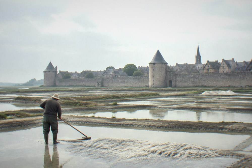 A paludier raking coarse grey salt in a shallow clay pan