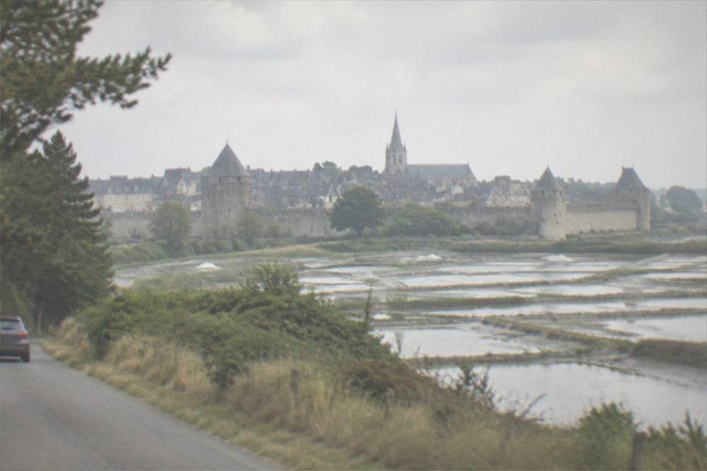 Car travelling a quiet road between salt marsh and woodland