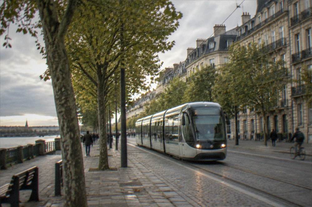 A tram gliding along a tree-lined street in central Nantes