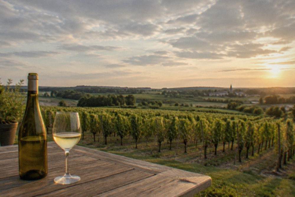 A chilled glass of pale white wine standing on a wooden tasting table beside a bottle