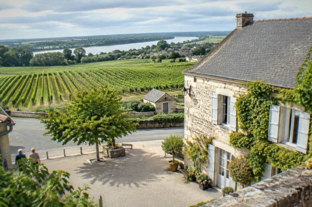A stone wine building with shutters and vines climbing part of one wall in a village square