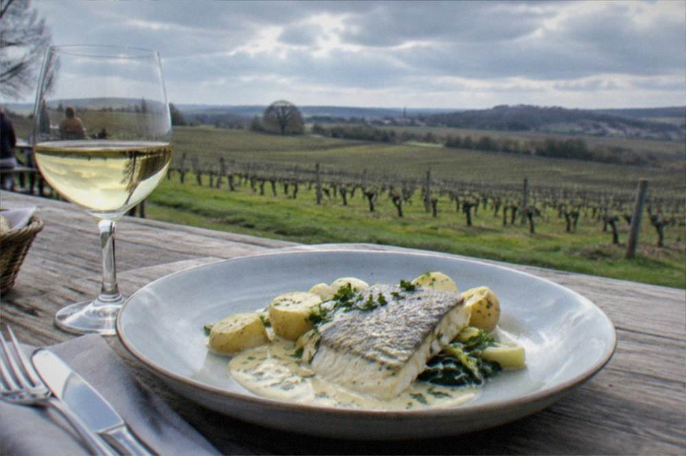 A plate of fresh fish covered in a pale butter sauce beside a glass of white wine on a restaurant table