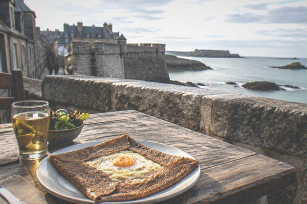 A savoury buckwheat crepe with egg and cheese served on a rustic table