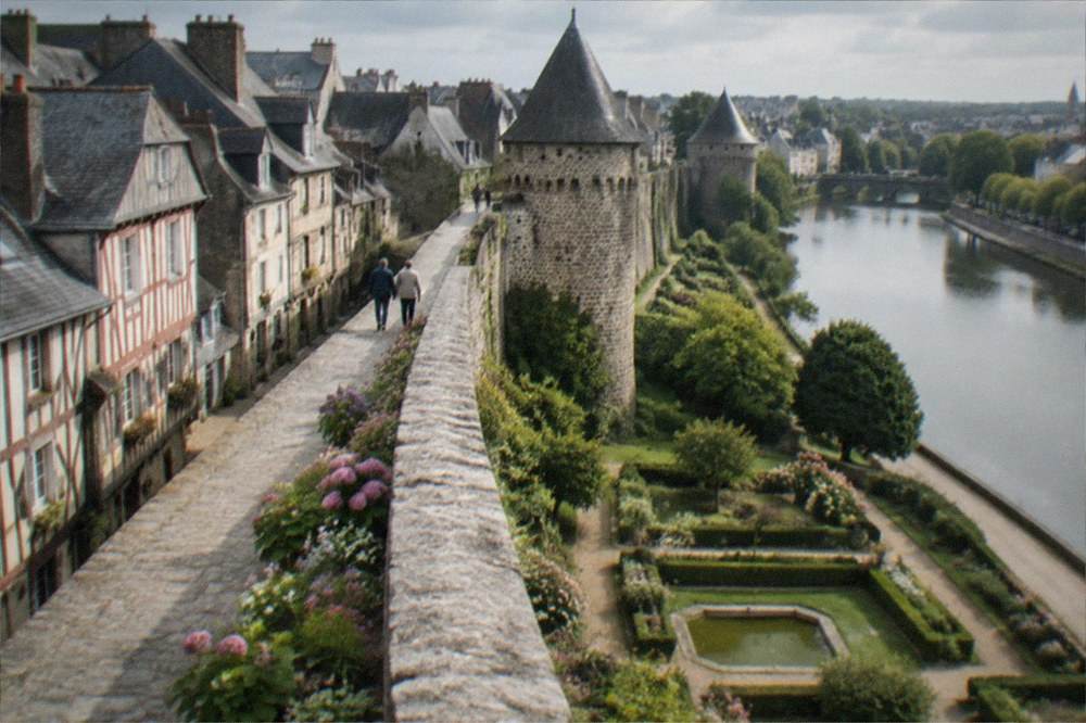 Rampart walkway with stone parapet and flower beds, rooftops of a medieval town on one side