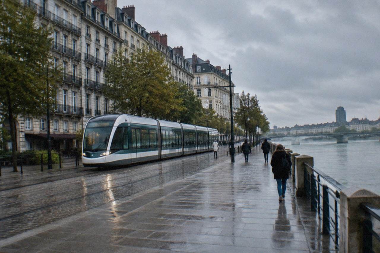 A wide flat riverside promenade in Nantes with a modern tram passing in front of stone buildings