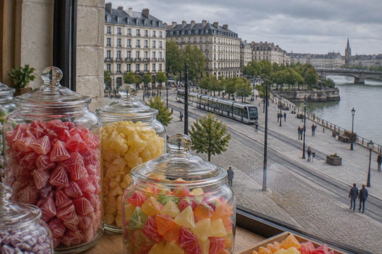 Colourful pyramid-shaped berlingot candies in glass jars on a confectioner's counter in Nantes