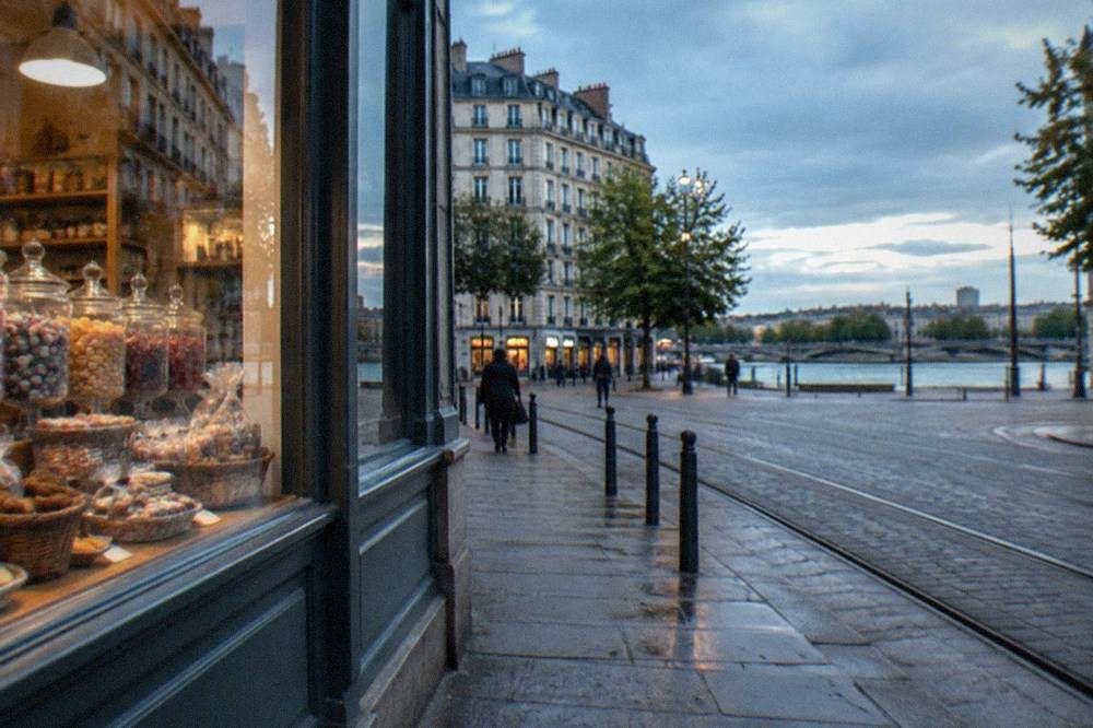 A traditional confectioner's shopfront in central Nantes with jars of candies and biscuits displayed in the window