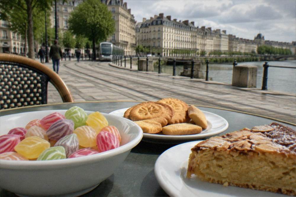 A table displaying Nantes specialities including berlingot candies, butter biscuits and a slice of almond cake